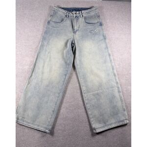 Loiter Unisex  Wide Leg Baggy Denim Jeans Light Wash Blue Star Stitching 30x28